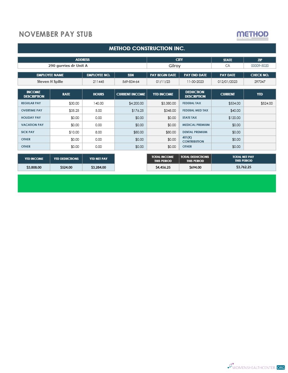 Download METHOD CONSTRUCTION INC. pay stub template in Word and PDF formats.pdf, 1 Photoshop template